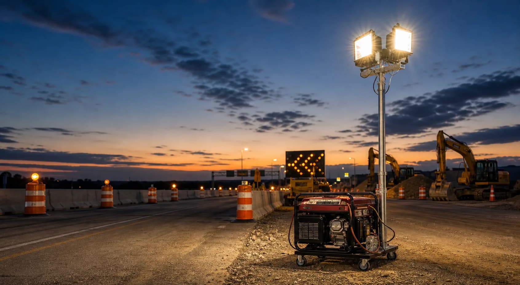A construction work zone with portable emergency lights, barriers, and heavy equipment at dusk