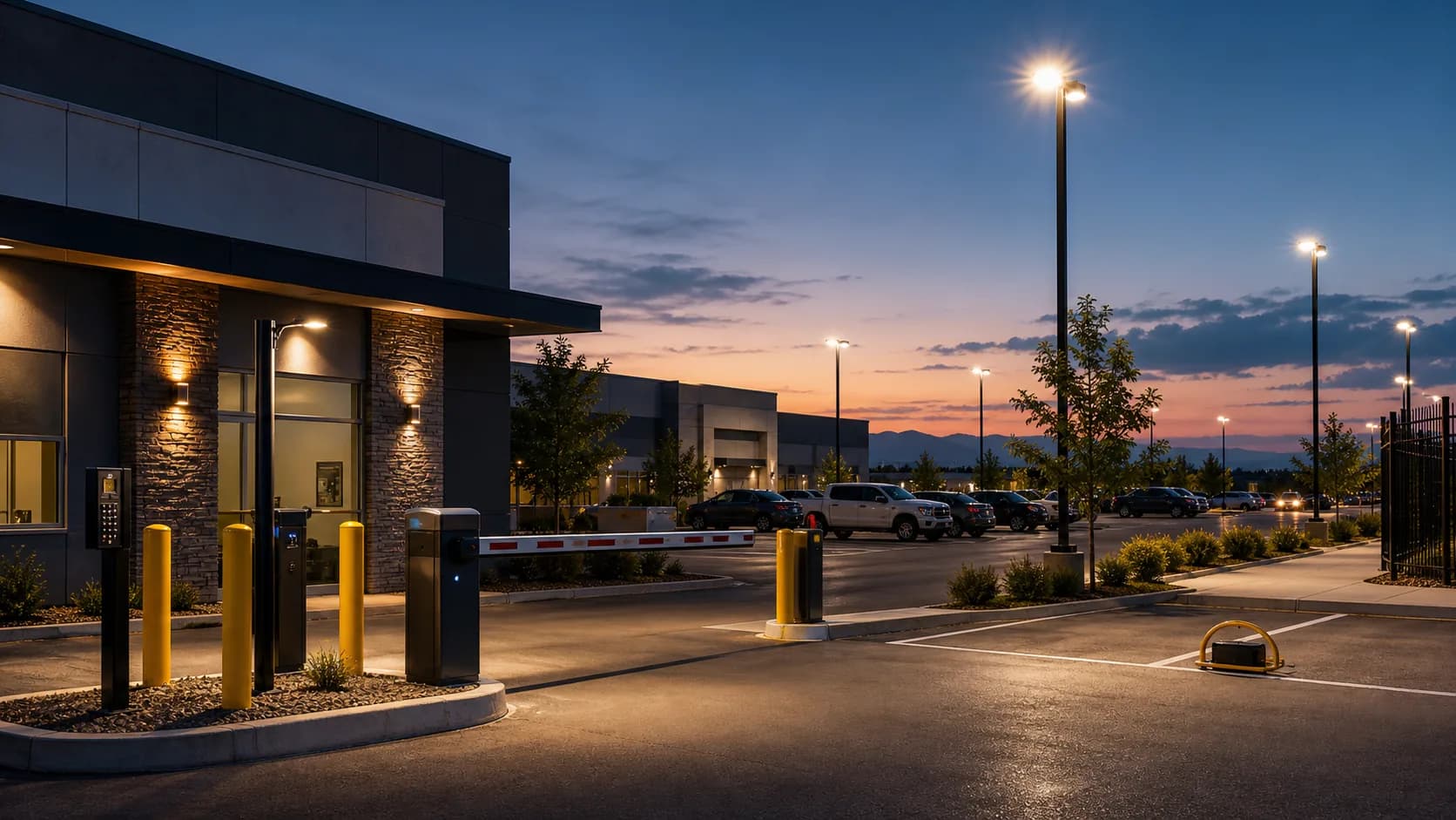 A well-lit distribution site and commercial facility at dusk