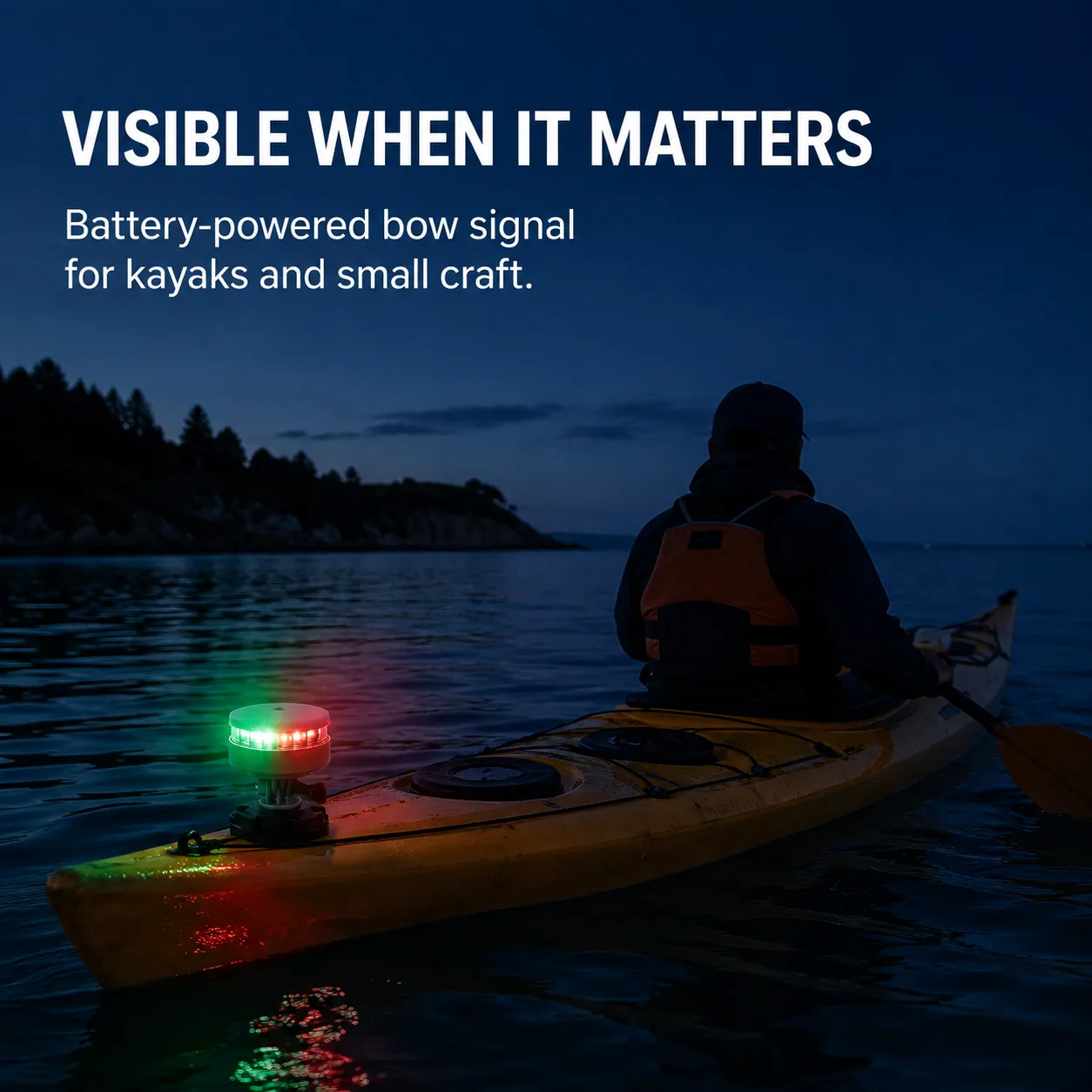 Battery marine navigation light mounted on a kayak at blue hour