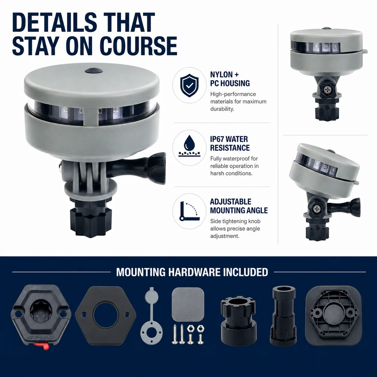 Battery marine navigation light construction and mounting parts