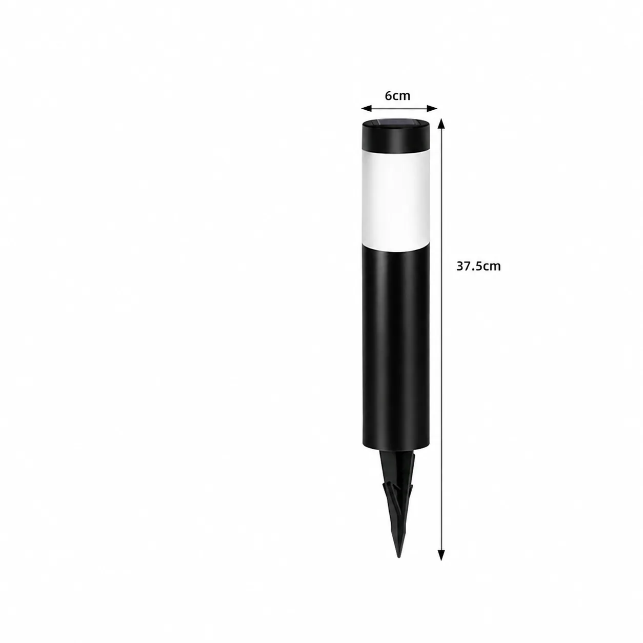 Solar bollard light with visible 6 cm and 37.5 cm dimensions on a clean white background