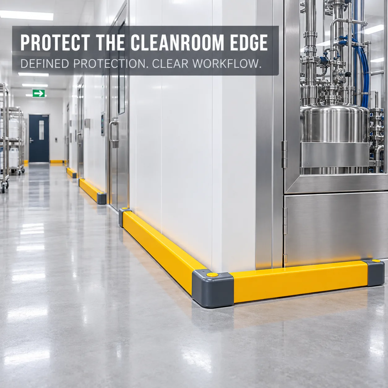 Flexible yellow floor guardrail protecting a cleanroom equipment edge