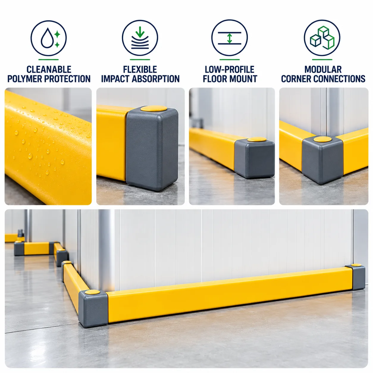 Flexible floor guardrail material and connection details