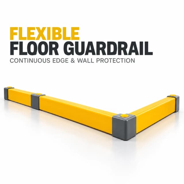 Flexible yellow floor guardrail with gray connectors on a pure white background