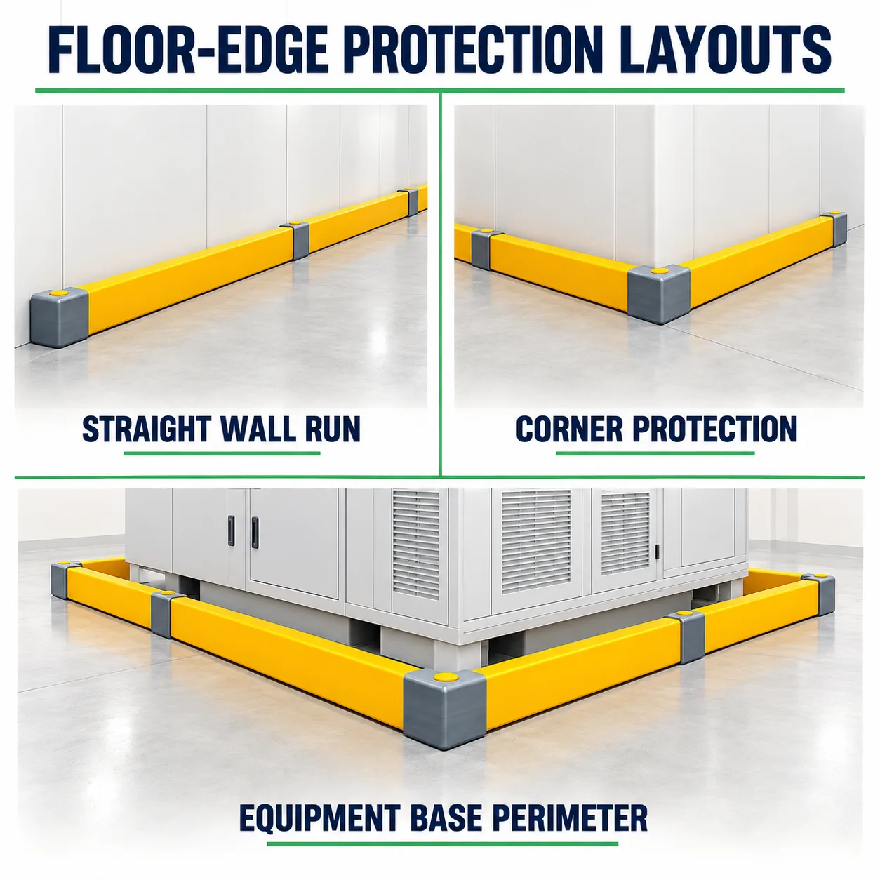 Flexible floor guardrail straight, corner, and equipment-base layouts