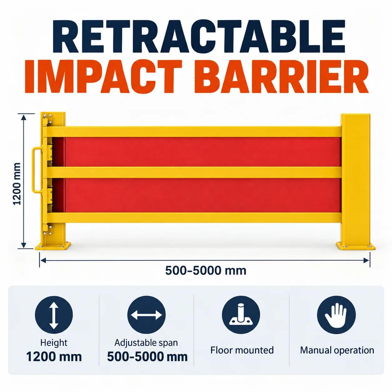 Flexible retractable impact barrier dimensions and operating details