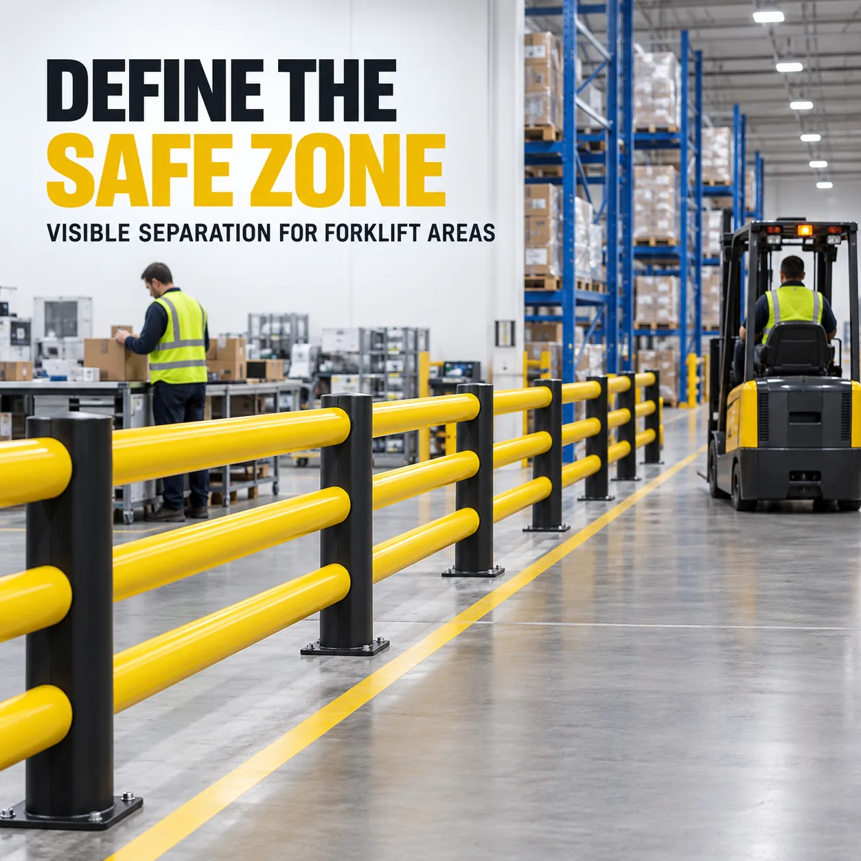 Flexible safety guardrail separating a warehouse work zone from a forklift route