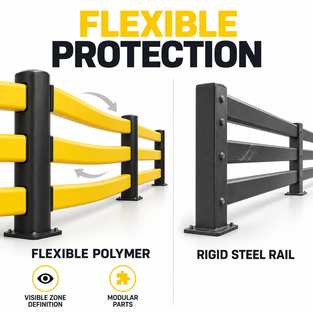 Flexible polymer and rigid steel guardrail material comparison