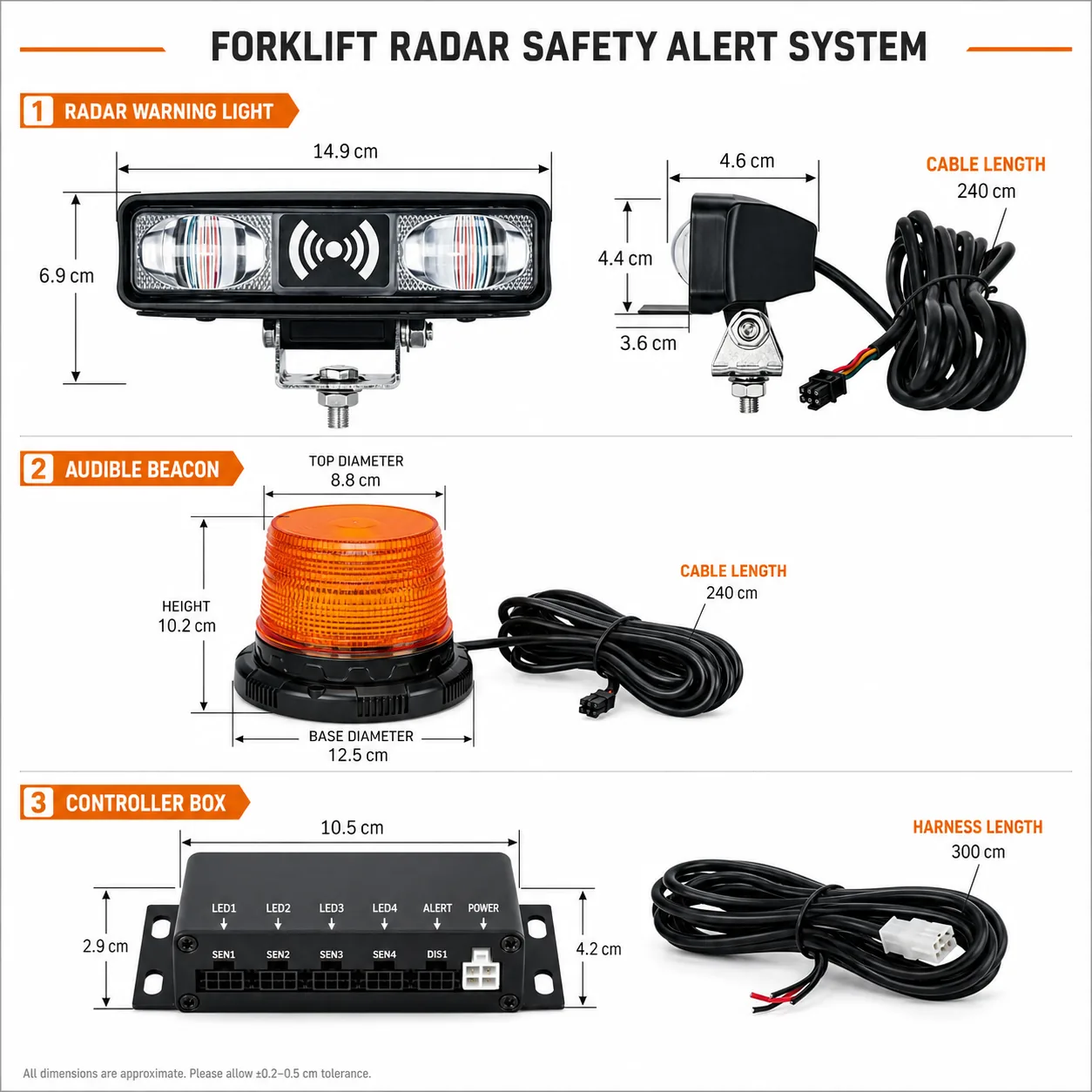Dimension board for the forklift radar safety alert system components