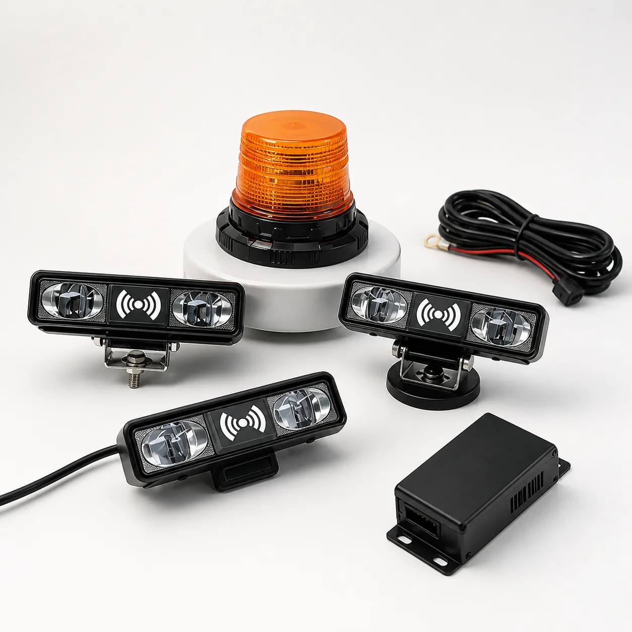 Forklift radar safety alert system including radar lights, beacon, controller, and harness