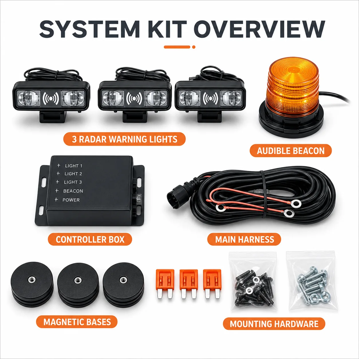 System kit overview board for the forklift radar safety alert system