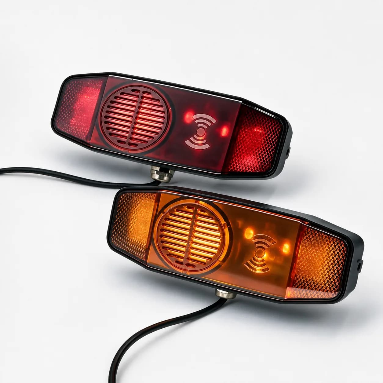 Red and amber forklift tail warning lights on a clean white background