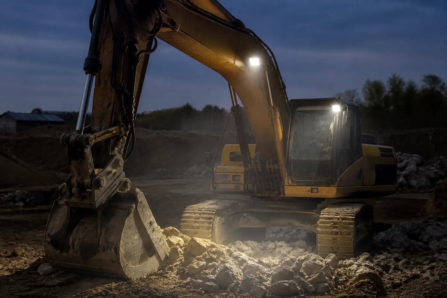 Excavator operating on a dim construction site with mounted work lights