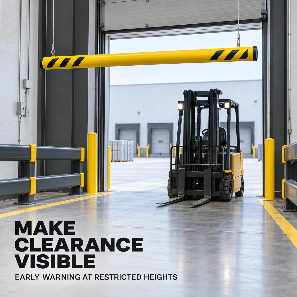 Height clearance warning bar suspended above a warehouse doorway and forklift route
