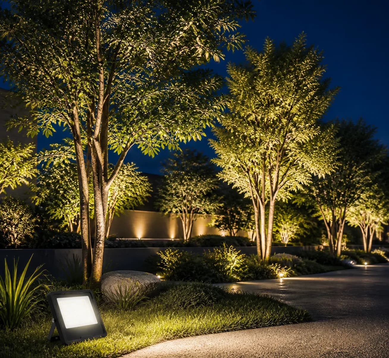 Slim LED flood lights illuminating landscaped trees at night