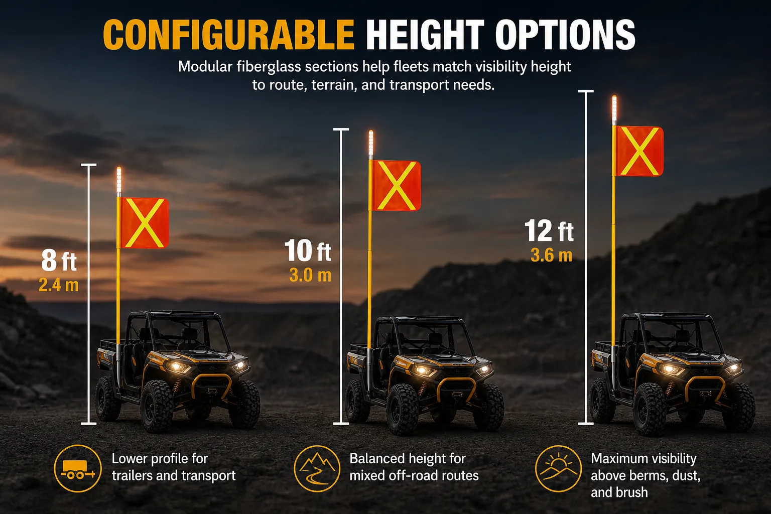 Height options board for the LED lighted mining safety whip flag