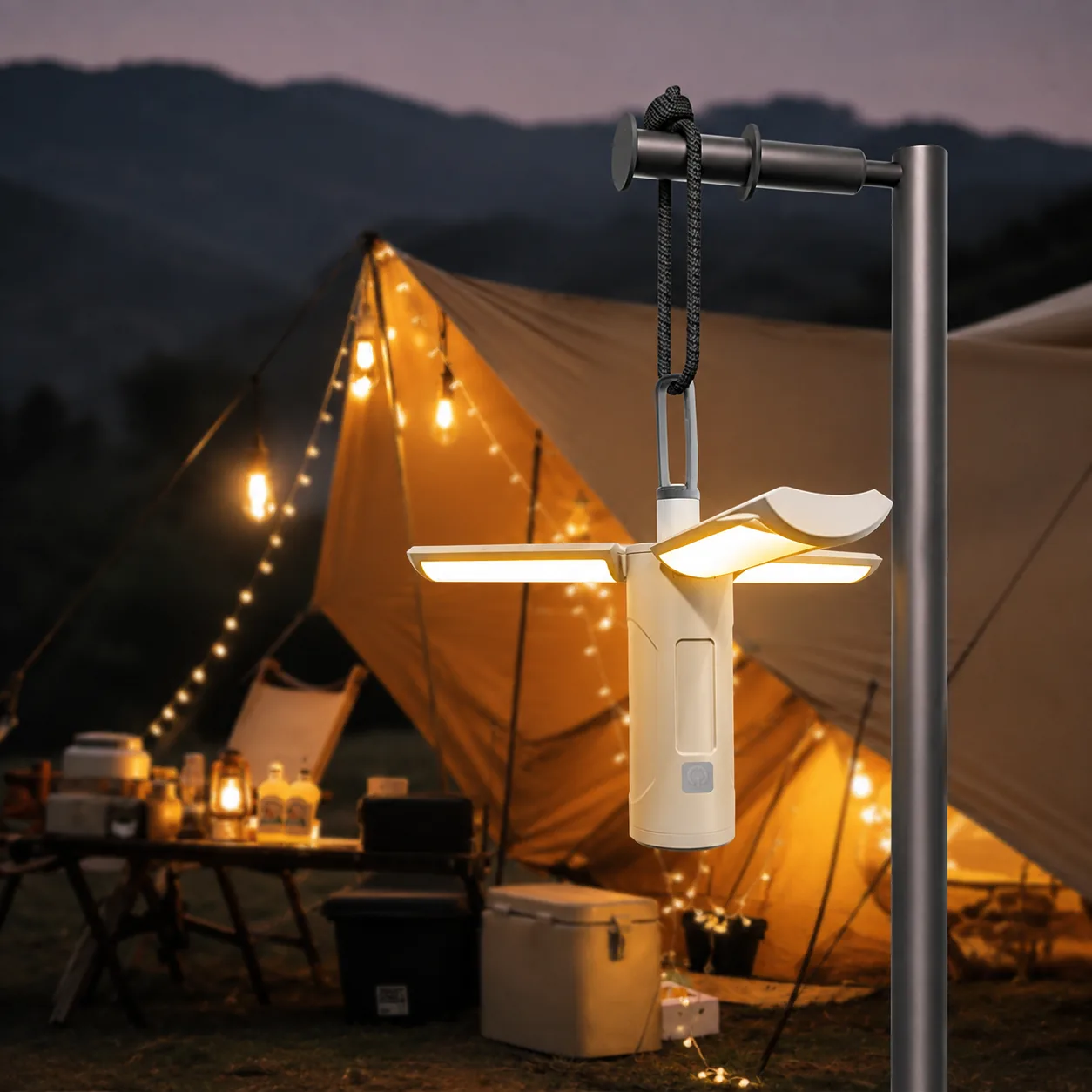 M26 folding camping light hanging beside a tent at dusk