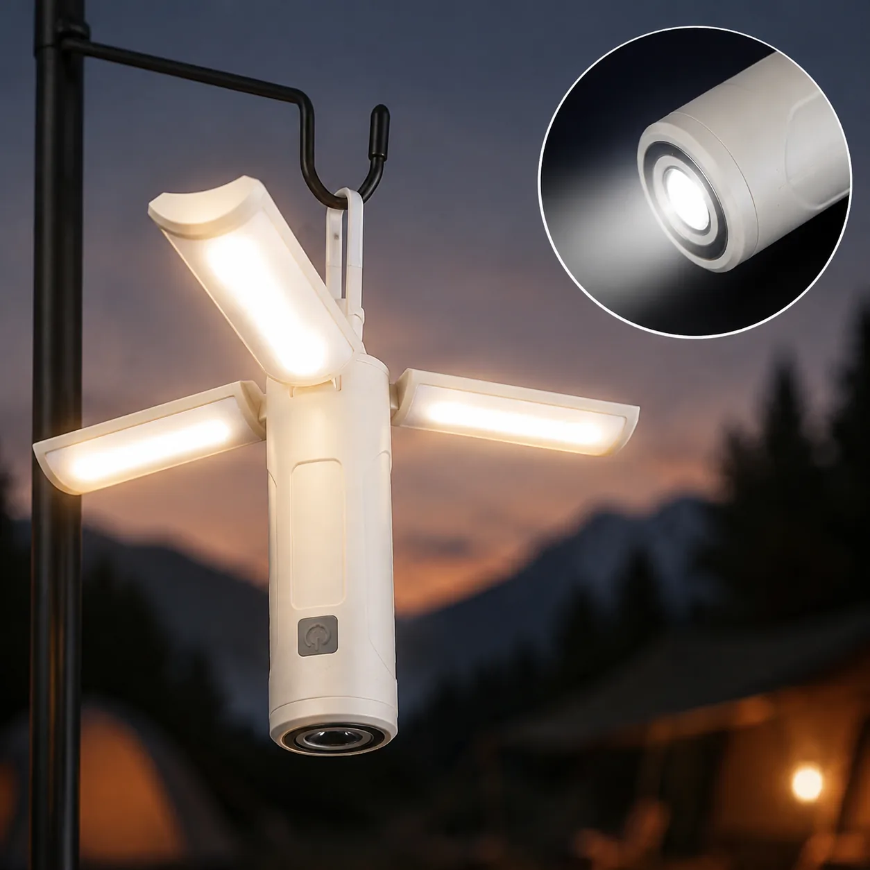 M26 folding camping light hanging from a hook with bottom flashlight detail