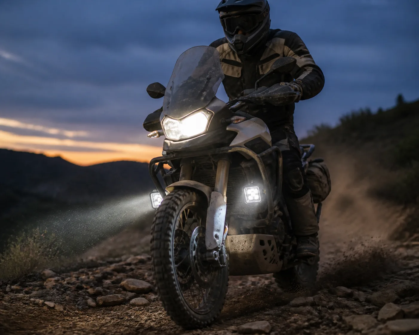 Off-road motorcycle riding at dusk with auxiliary driving lights mounted on the front crash bar