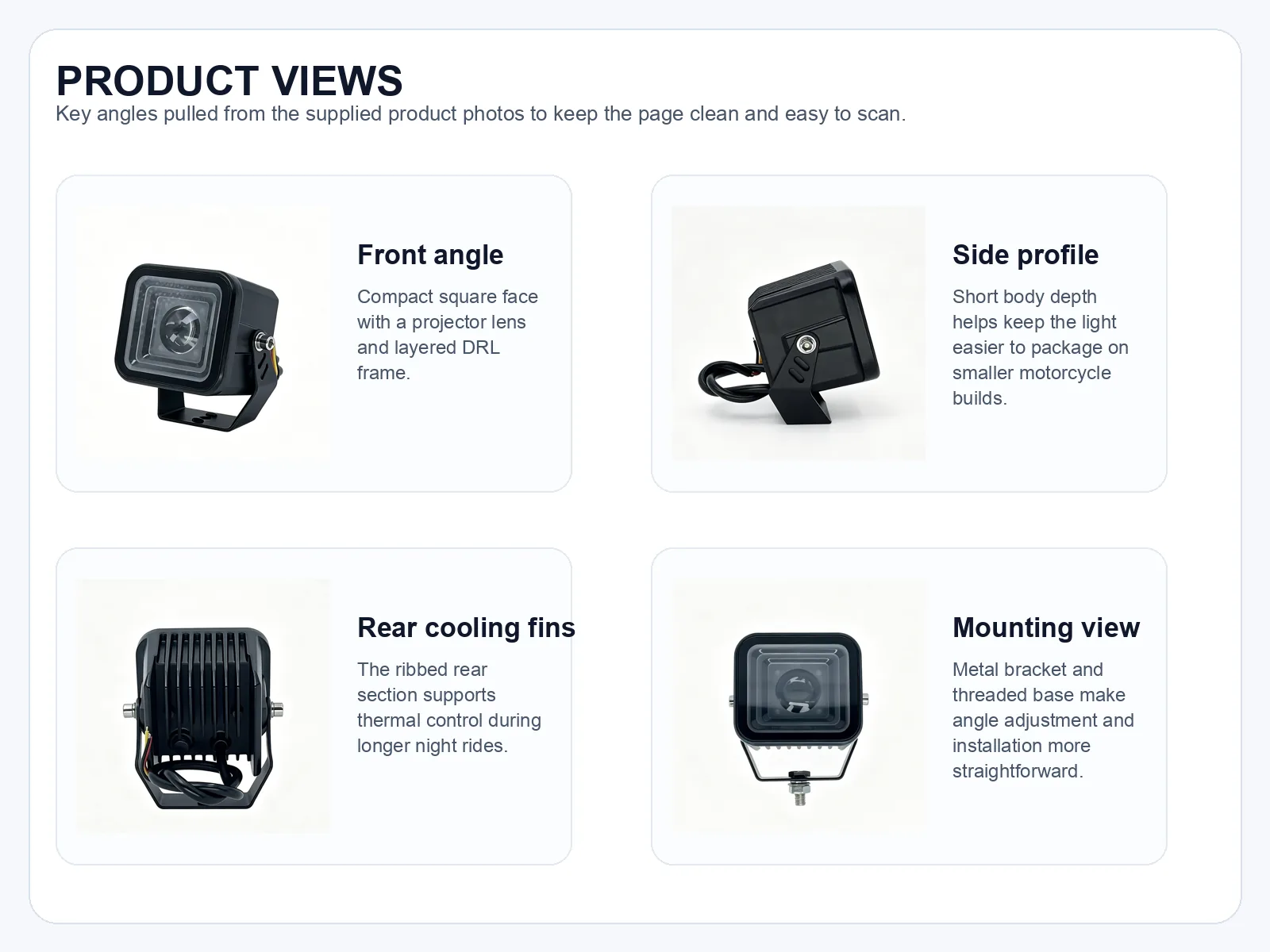 Product views board for the motorcycle driving light