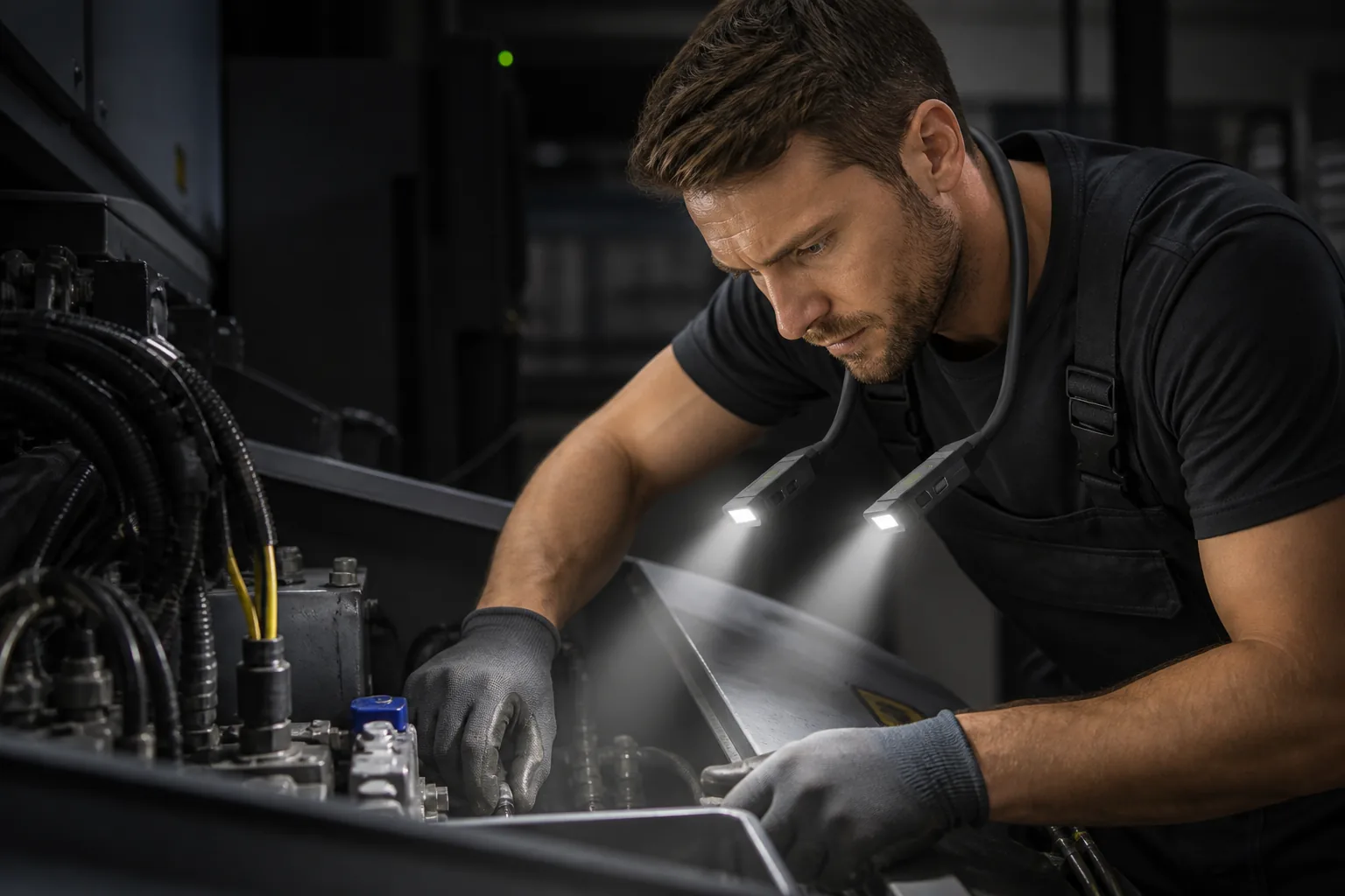 Technician using the rechargeable neck light while servicing equipment