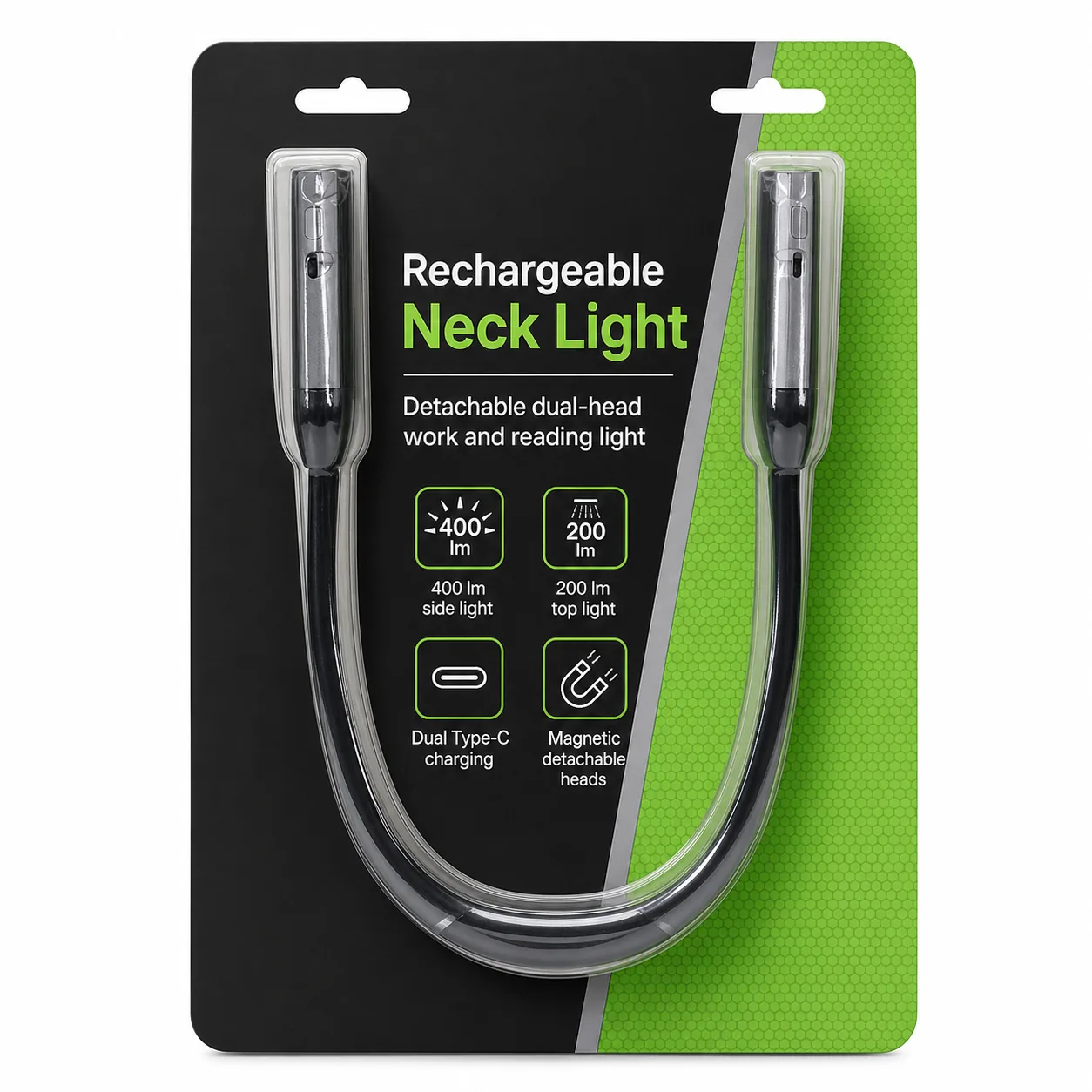 Cleaned retail packaging image for the rechargeable neck light