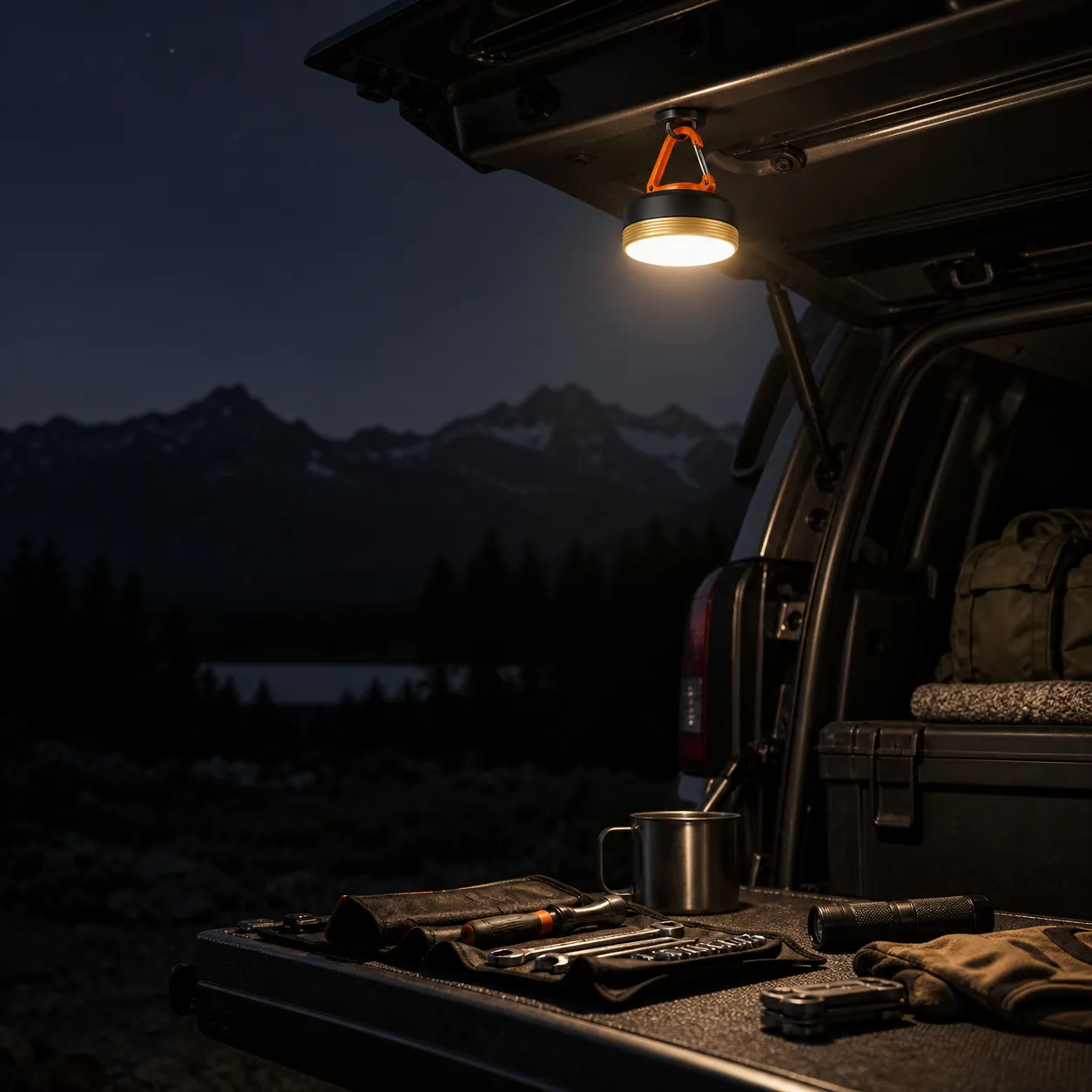 Portable magnetic camp light attached under a vehicle tailgate at night