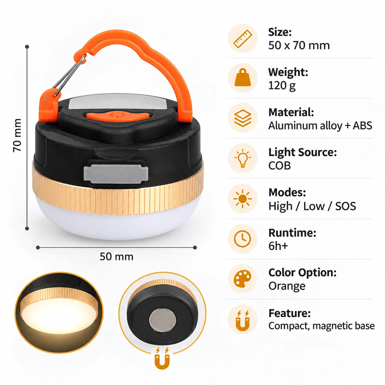 Portable magnetic camp light dimensions and specification board