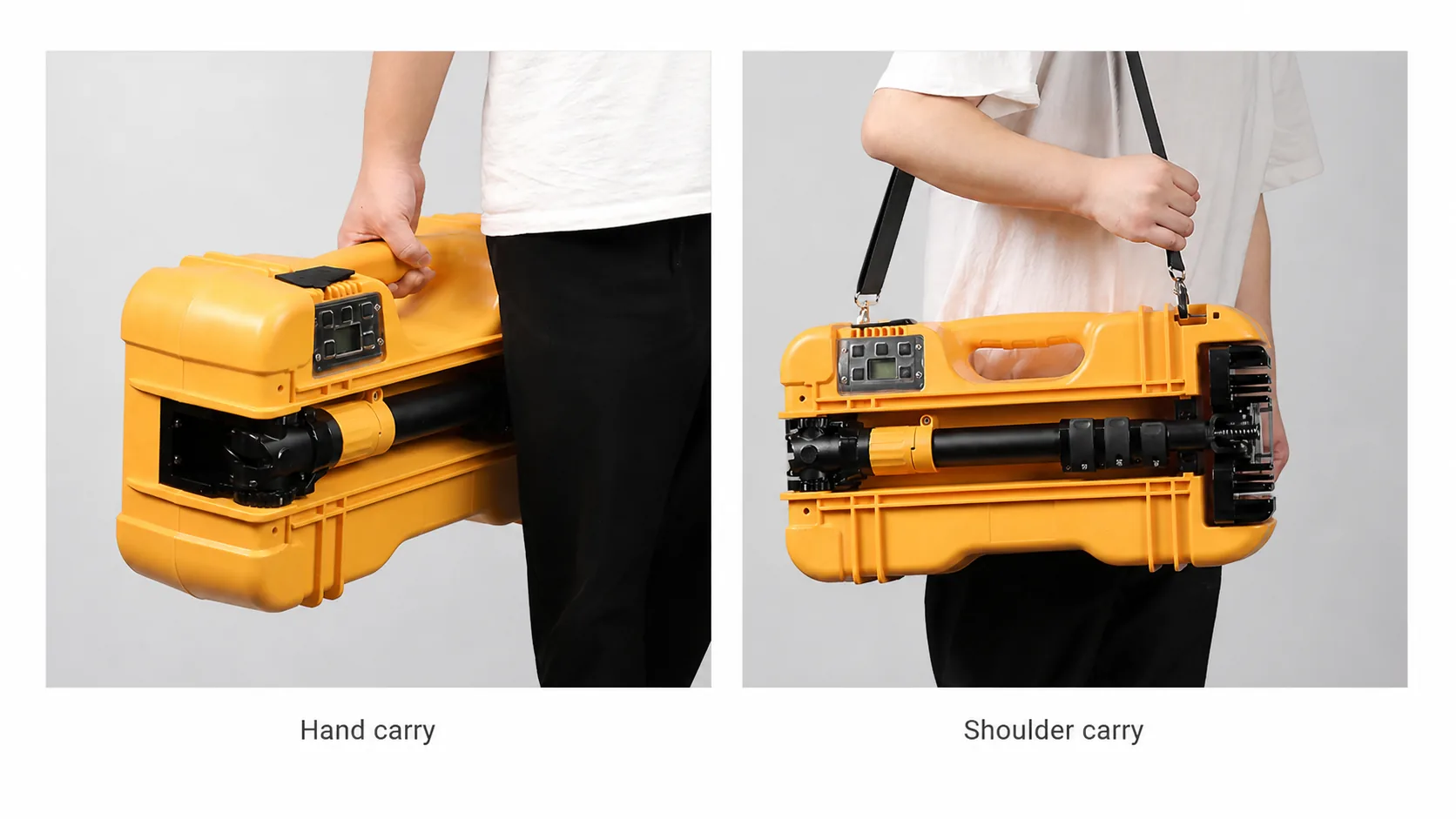 Portable work light shown in hand-carry and shoulder-carry formats