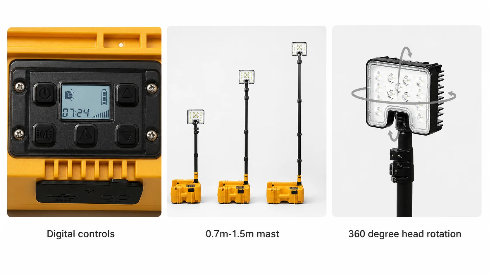 Portable work light technical board with controls, mast adjustment, and head rotation
