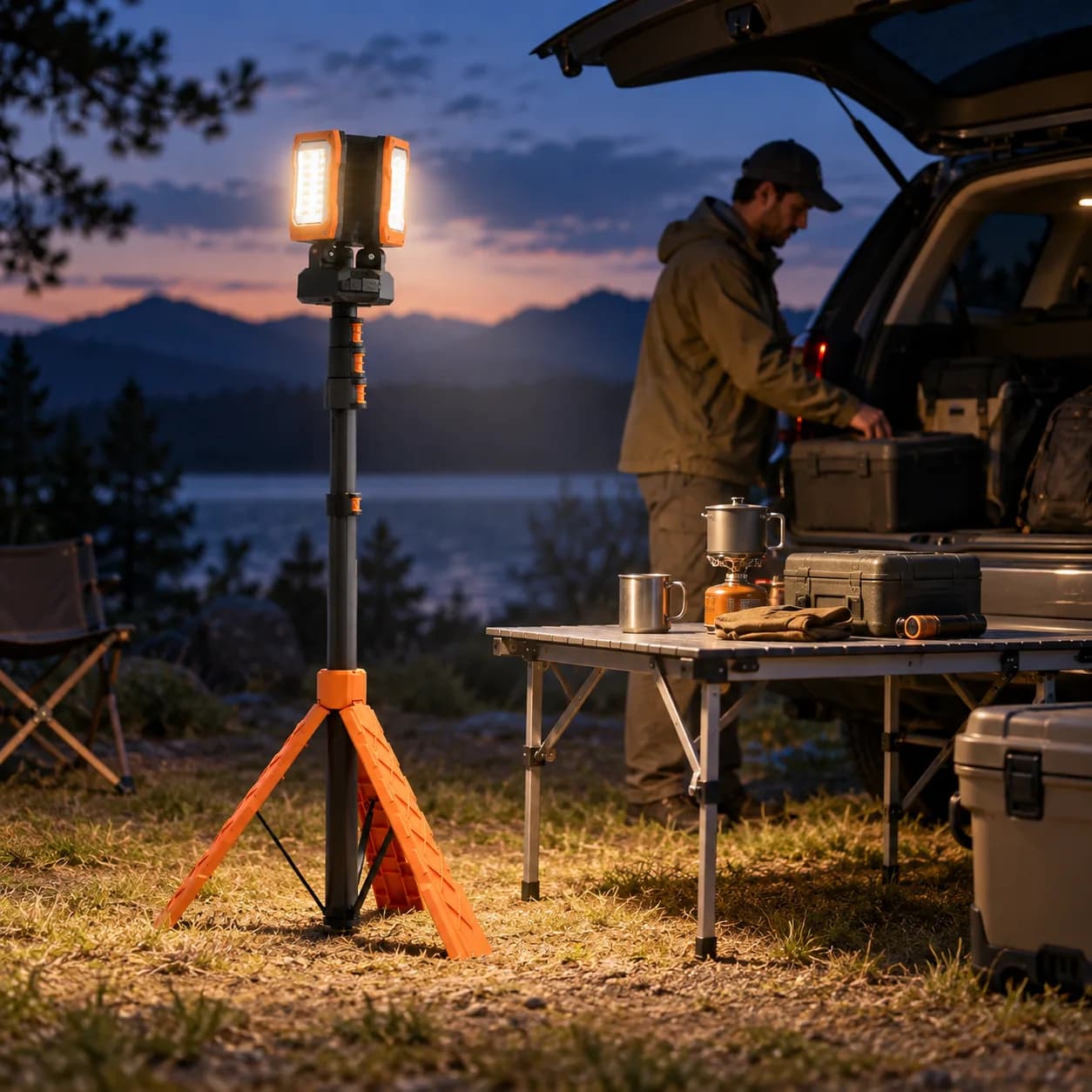 Folding tripod camping work light illuminating an outdoor vehicle setup