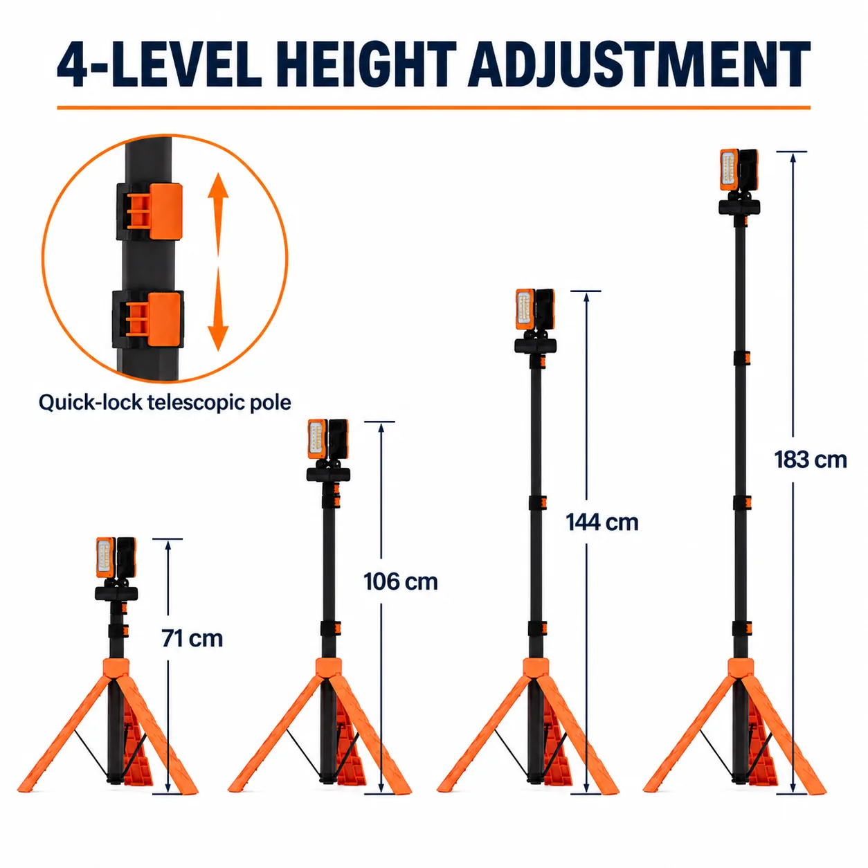 Four-level height adjustment from 71 to 183 centimeters