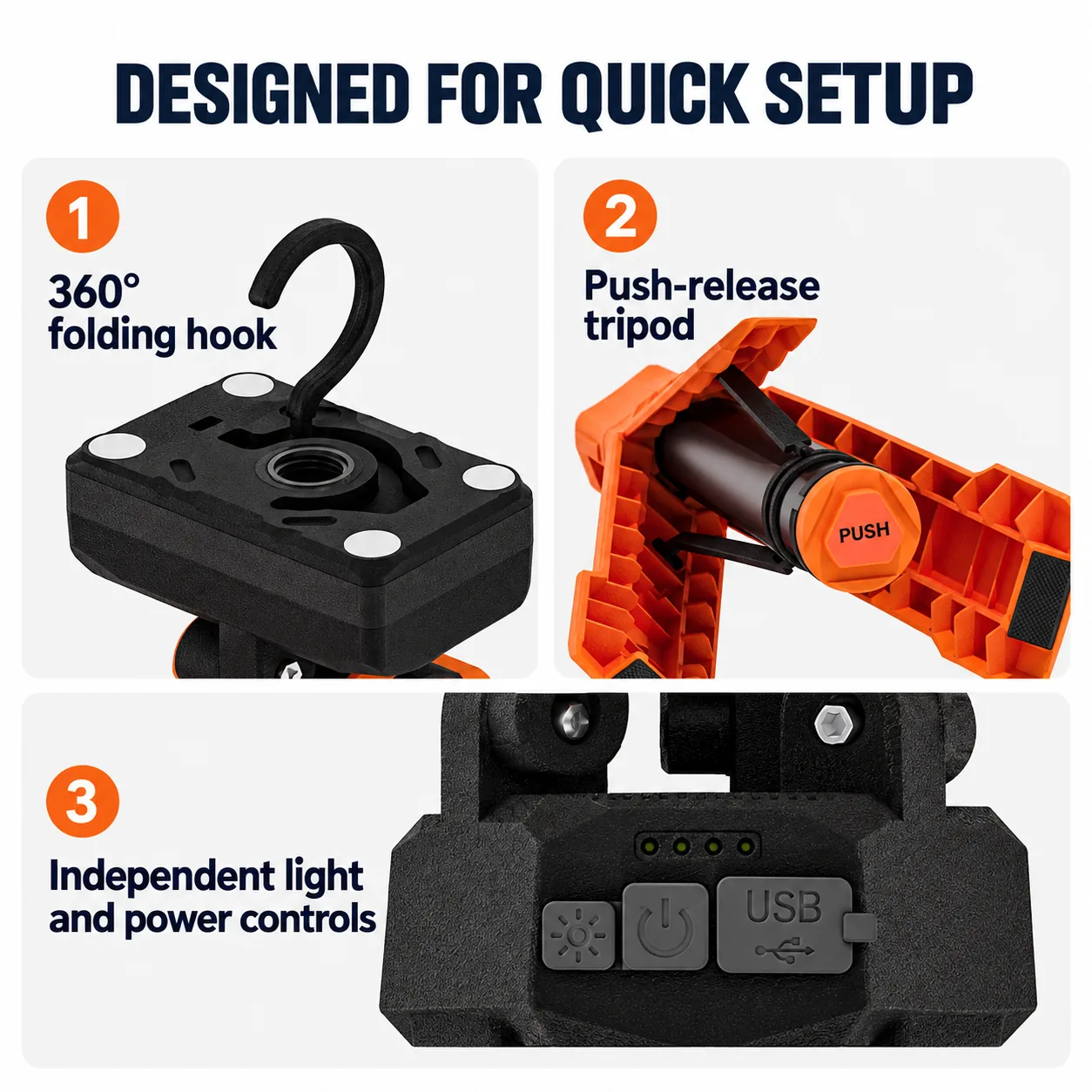 Folding hook, push-release tripod, and independent controls