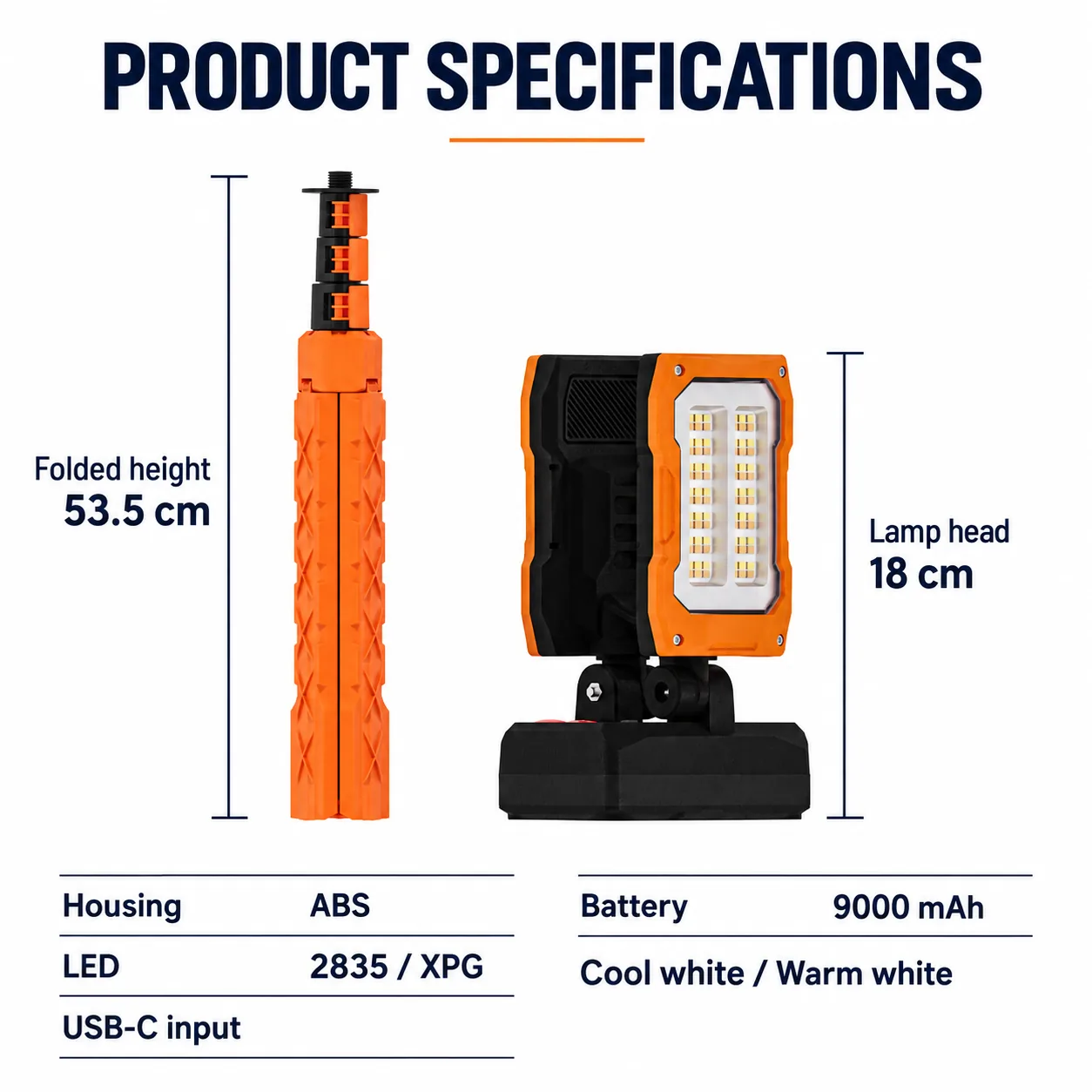 Rechargeable folding tripod camping work light specifications