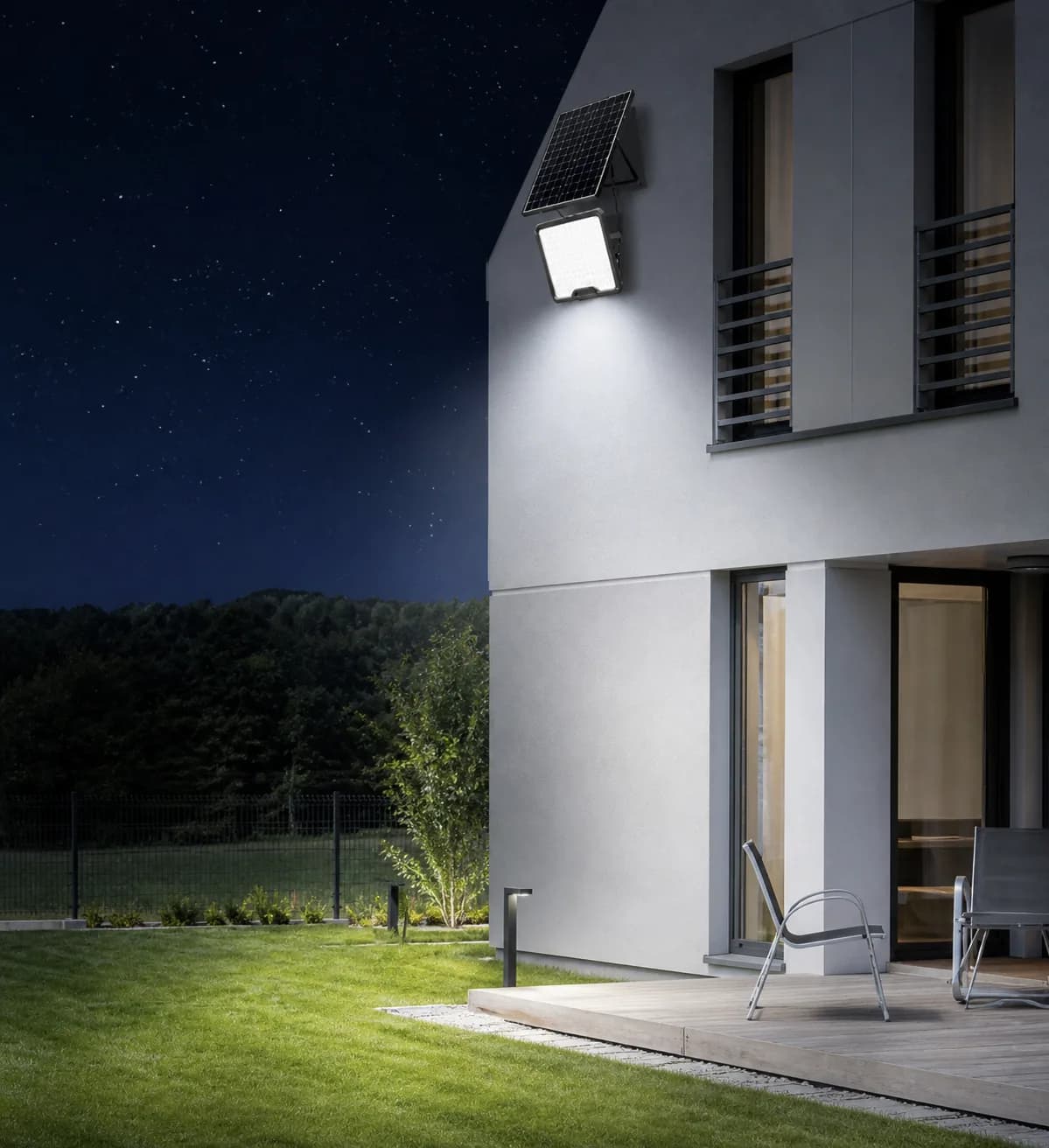 Solar flood light illuminating a family house exterior wall at night