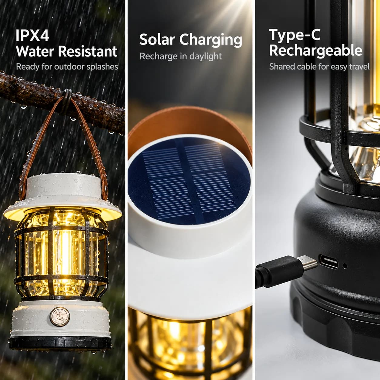Solar camp lantern waterproof, solar charging, and Type-C charging details