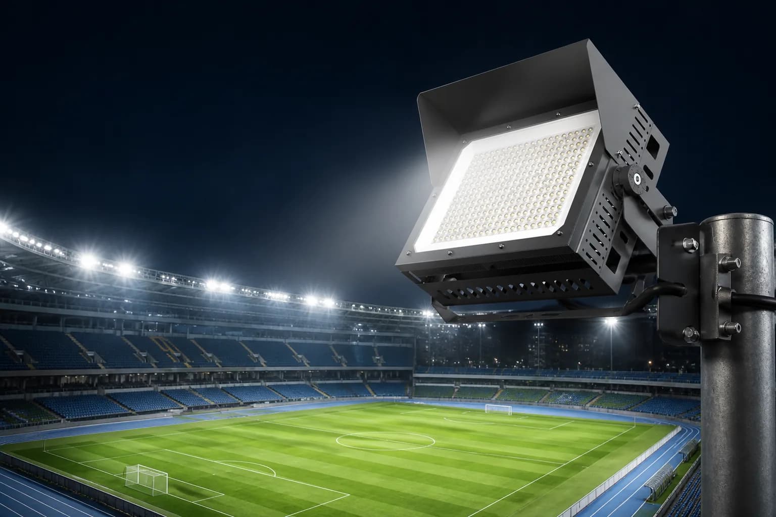 Stadium light illuminating a large football stadium at night