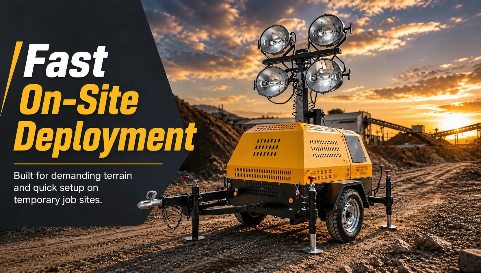 Temporary site light tower deployed in rough-terrain outdoor conditions