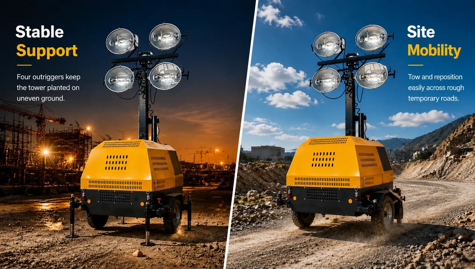 Temporary site light tower comparison showing stable support and site mobility