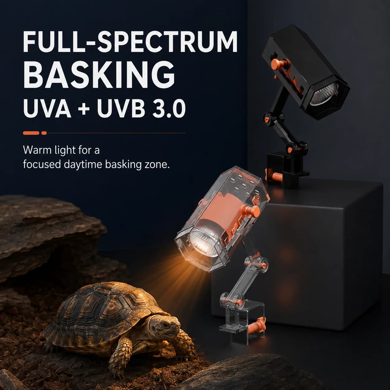 Full-spectrum turtle basking lamp lighting an enclosure