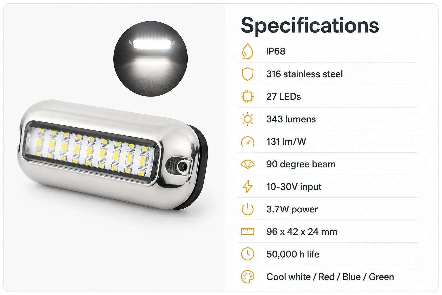 Specifications board for the underwater light